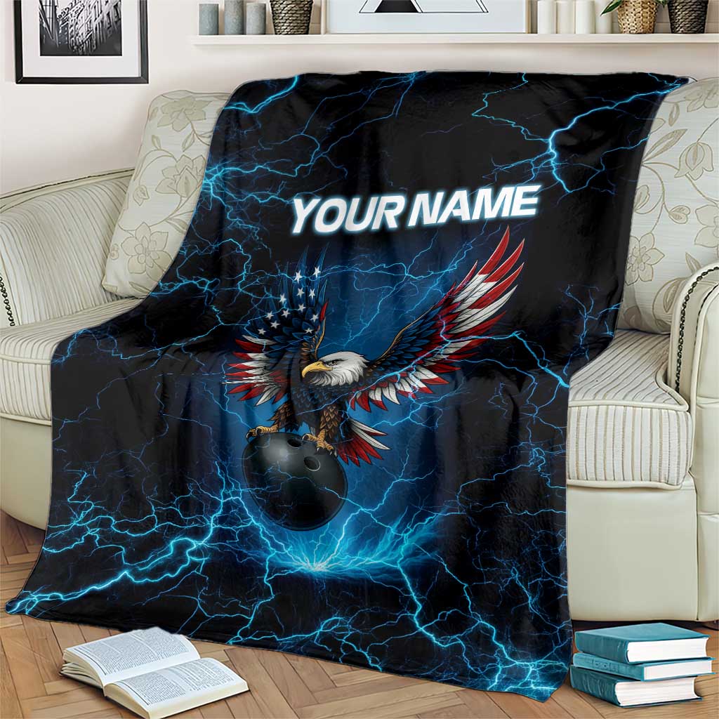 Lightning Bowling Blanket Electric Blue Ball and American Eagle Graphic on Stormy Black Background - Wonder Print Shop