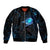 Lightning Bowling Bomber Jacket Electric Blue Ball and American Eagle Graphic on Stormy Black Background - Wonder Print Shop