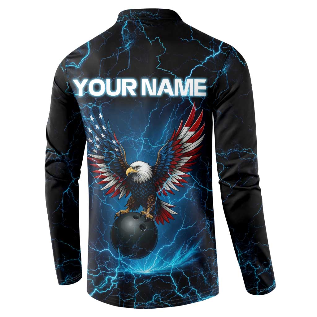Lightning Bowling Button Sweatshirt Electric Blue Ball and American Eagle Graphic on Stormy Black Background - Wonder Print Shop