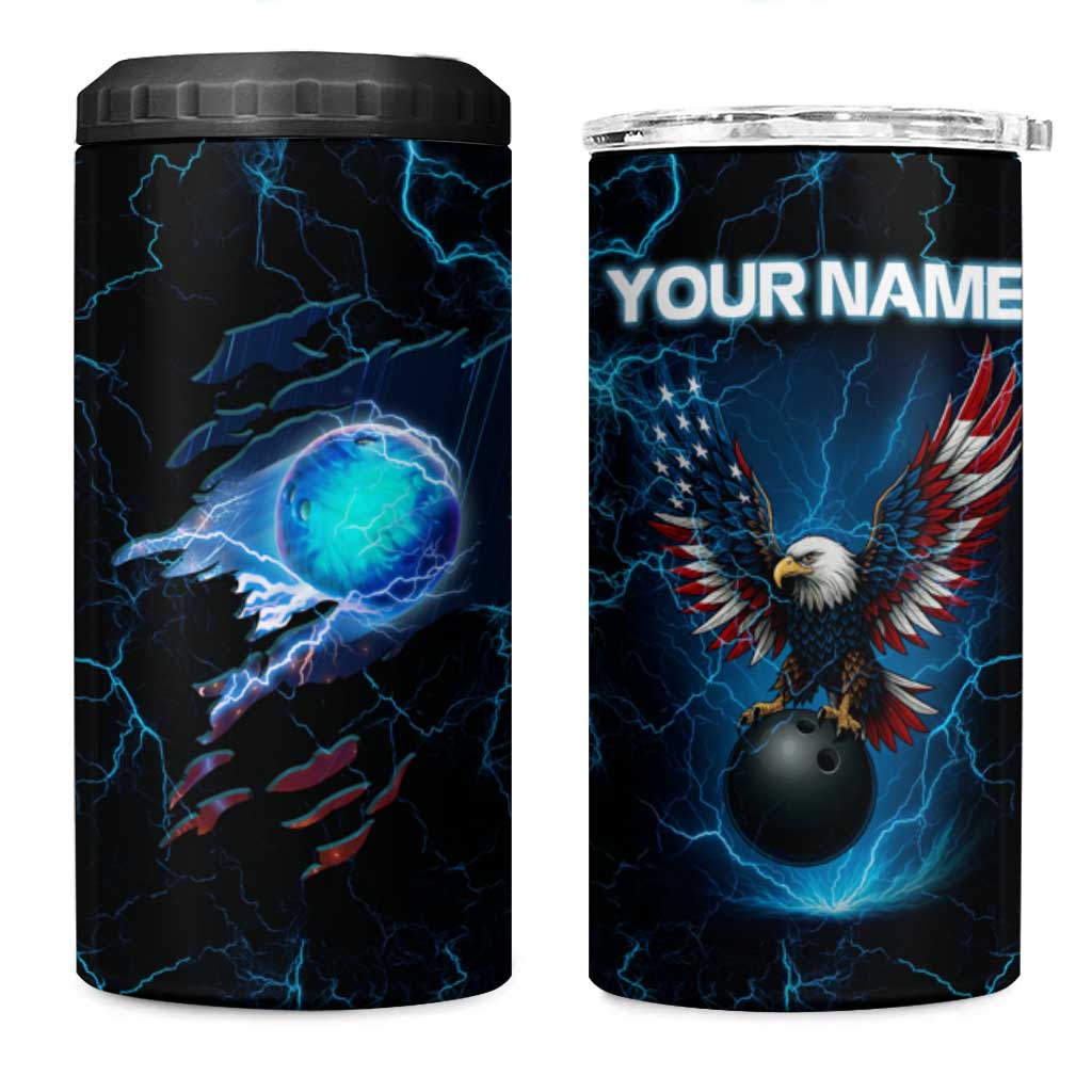 Lightning Bowling 4 in 1 Can Cooler Tumbler Electric Blue Ball and American Eagle Graphic on Stormy Black Background - Wonder Print Shop