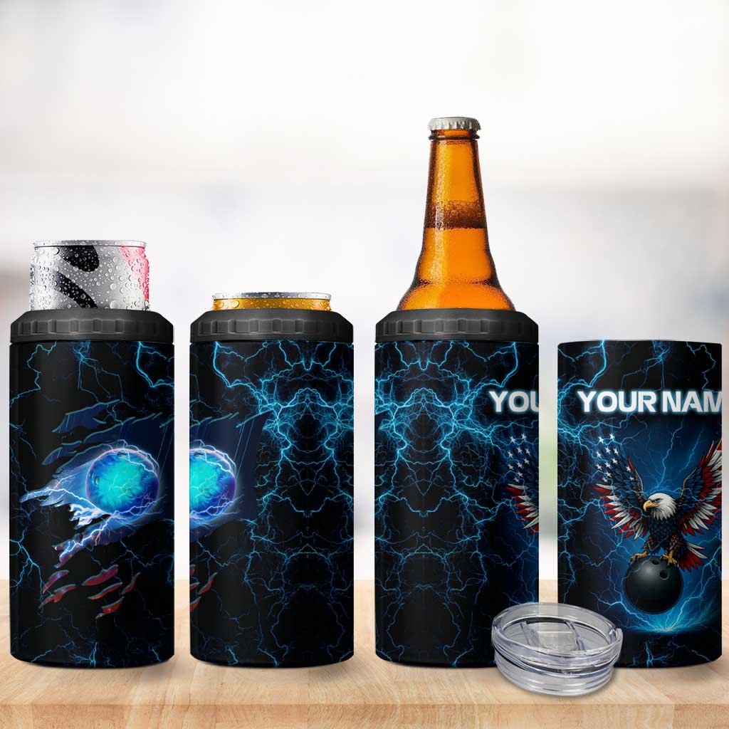 Lightning Bowling 4 in 1 Can Cooler Tumbler Electric Blue Ball and American Eagle Graphic on Stormy Black Background - Wonder Print Shop