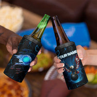 Lightning Bowling 4 in 1 Can Cooler Tumbler Electric Blue Ball and American Eagle Graphic on Stormy Black Background - Wonder Print Shop