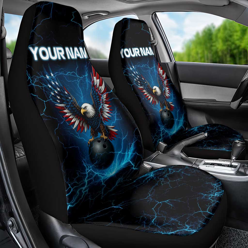 Lightning Bowling Car Seat Cover Electric Blue Ball and American Eagle Graphic on Stormy Black Background - Wonder Print Shop