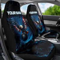 Lightning Bowling Car Seat Cover Electric Blue Ball and American Eagle Graphic on Stormy Black Background - Wonder Print Shop