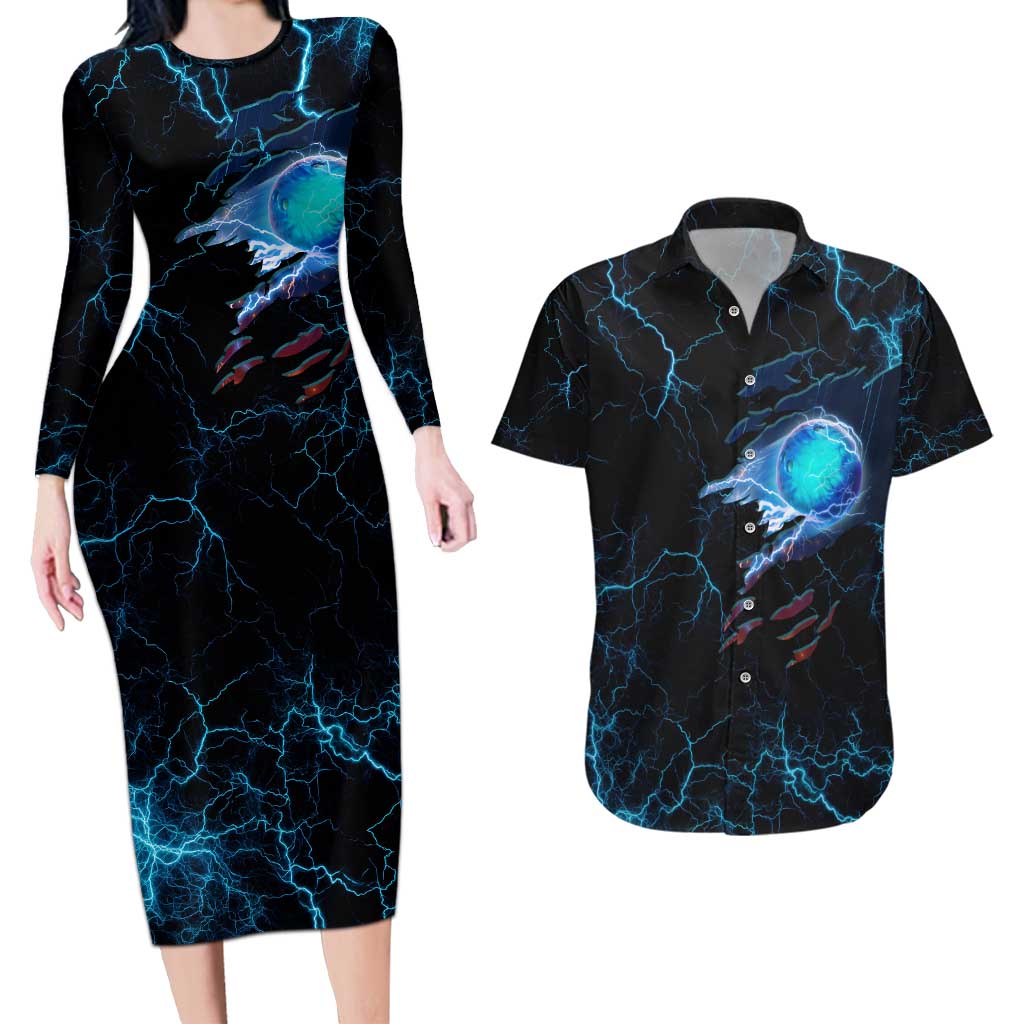 Lightning Bowling Couples Matching Long Sleeve Bodycon Dress and Hawaiian Shirt Electric Blue Ball and American Eagle Graphic on Stormy Black Background - Wonder Print Shop