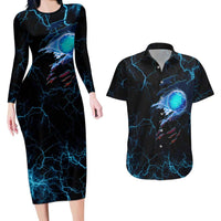 Lightning Bowling Couples Matching Long Sleeve Bodycon Dress and Hawaiian Shirt Electric Blue Ball and American Eagle Graphic on Stormy Black Background - Wonder Print Shop