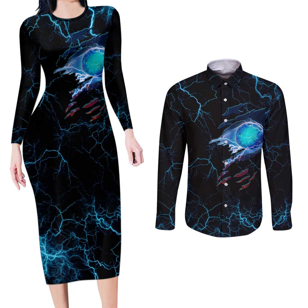 Lightning Bowling Couples Matching Long Sleeve Bodycon Dress and Long Sleeve Button Shirt Electric Blue Ball and American Eagle Graphic on Stormy Black Background - Wonder Print Shop