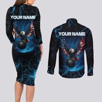 Lightning Bowling Couples Matching Long Sleeve Bodycon Dress and Long Sleeve Button Shirt Electric Blue Ball and American Eagle Graphic on Stormy Black Background - Wonder Print Shop