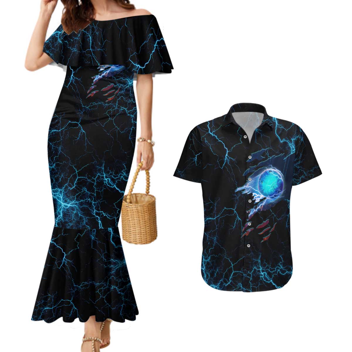 Lightning Bowling Couples Matching Mermaid Dress and Hawaiian Shirt Electric Blue Ball and American Eagle Graphic on Stormy Black Background - Wonder Print Shop