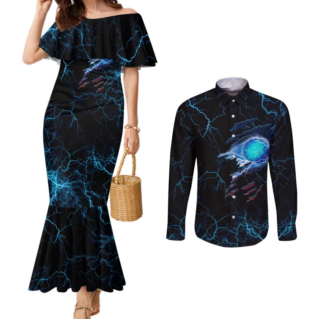 Lightning Bowling Couples Matching Mermaid Dress and Long Sleeve Button Shirt Electric Blue Ball and American Eagle Graphic on Stormy Black Background - Wonder Print Shop
