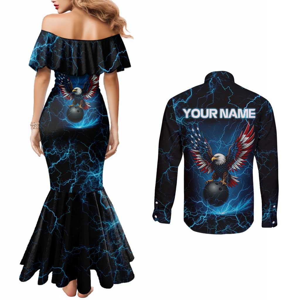 Lightning Bowling Couples Matching Mermaid Dress and Long Sleeve Button Shirt Electric Blue Ball and American Eagle Graphic on Stormy Black Background - Wonder Print Shop