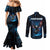 Lightning Bowling Couples Matching Mermaid Dress and Long Sleeve Button Shirt Electric Blue Ball and American Eagle Graphic on Stormy Black Background - Wonder Print Shop