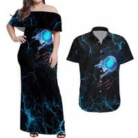 Lightning Bowling Couples Matching Off Shoulder Maxi Dress and Hawaiian Shirt Electric Blue Ball and American Eagle Graphic on Stormy Black Background - Wonder Print Shop
