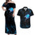 Lightning Bowling Couples Matching Off Shoulder Maxi Dress and Hawaiian Shirt Electric Blue Ball and American Eagle Graphic on Stormy Black Background - Wonder Print Shop