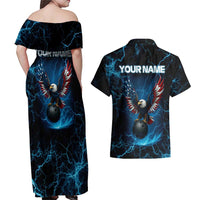 Lightning Bowling Couples Matching Off Shoulder Maxi Dress and Hawaiian Shirt Electric Blue Ball and American Eagle Graphic on Stormy Black Background - Wonder Print Shop