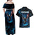 Lightning Bowling Couples Matching Off Shoulder Maxi Dress and Hawaiian Shirt Electric Blue Ball and American Eagle Graphic on Stormy Black Background - Wonder Print Shop