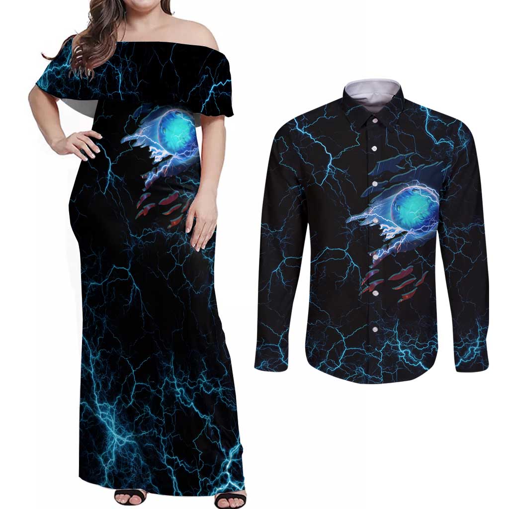 Lightning Bowling Couples Matching Off Shoulder Maxi Dress and Long Sleeve Button Shirt Electric Blue Ball and American Eagle Graphic on Stormy Black Background - Wonder Print Shop