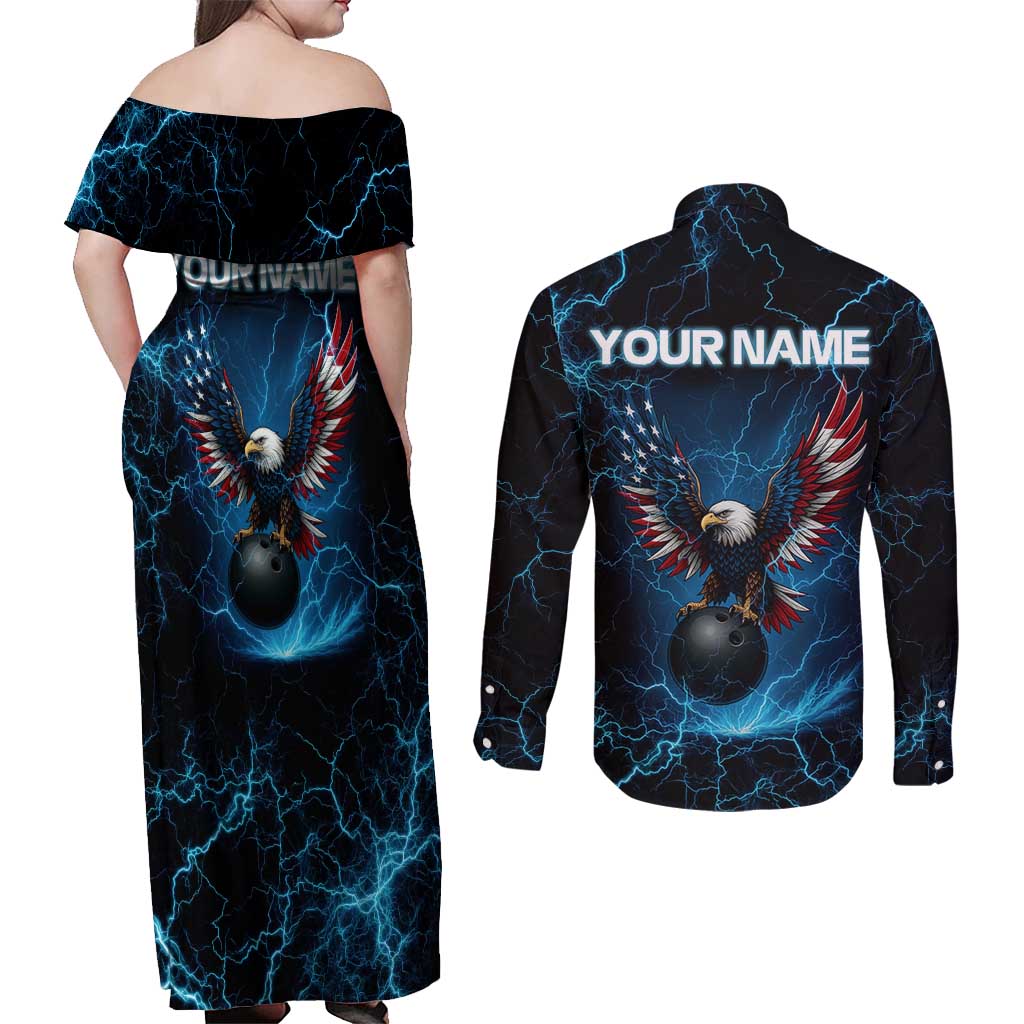 Lightning Bowling Couples Matching Off Shoulder Maxi Dress and Long Sleeve Button Shirt Electric Blue Ball and American Eagle Graphic on Stormy Black Background - Wonder Print Shop