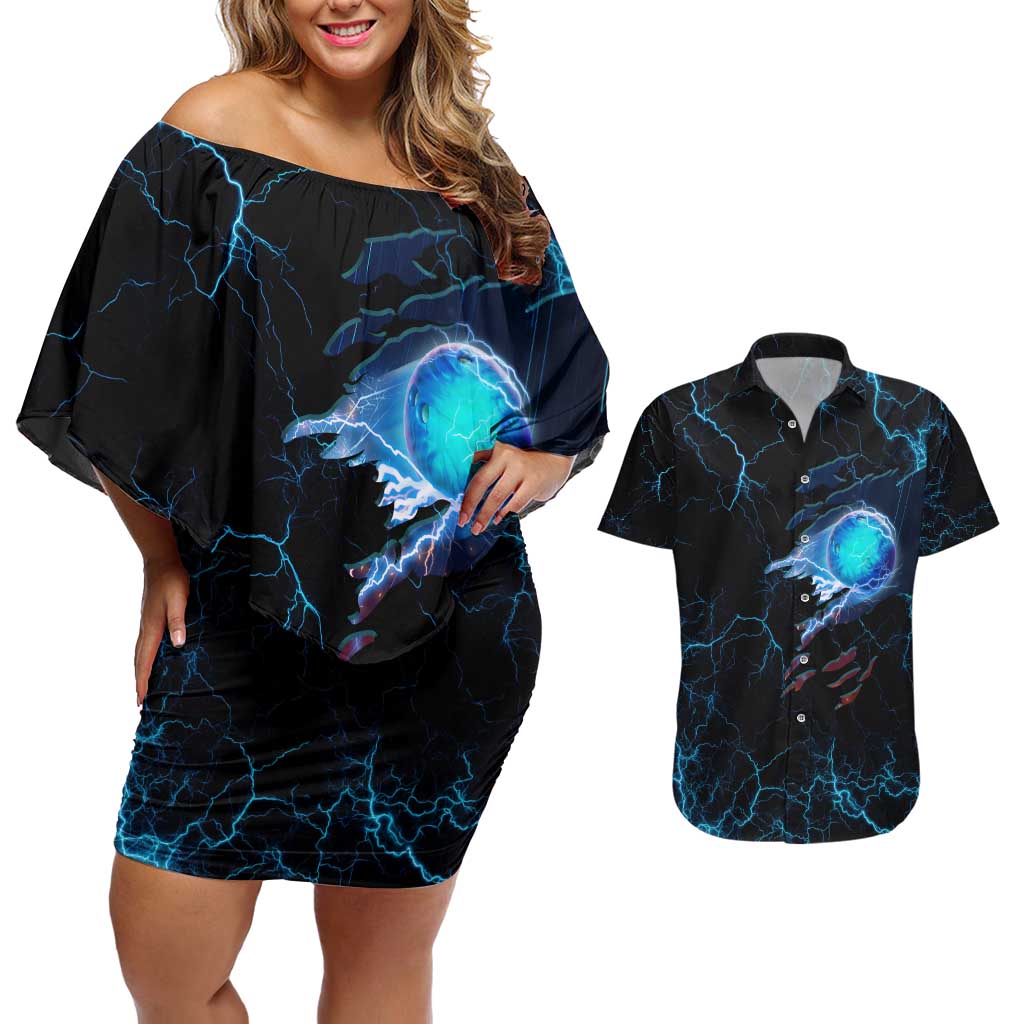 Lightning Bowling Couples Matching Off Shoulder Short Dress and Hawaiian Shirt Electric Blue Ball and American Eagle Graphic on Stormy Black Background - Wonder Print Shop
