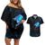 Lightning Bowling Couples Matching Off Shoulder Short Dress and Hawaiian Shirt Electric Blue Ball and American Eagle Graphic on Stormy Black Background - Wonder Print Shop
