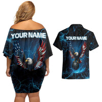 Lightning Bowling Couples Matching Off Shoulder Short Dress and Hawaiian Shirt Electric Blue Ball and American Eagle Graphic on Stormy Black Background - Wonder Print Shop
