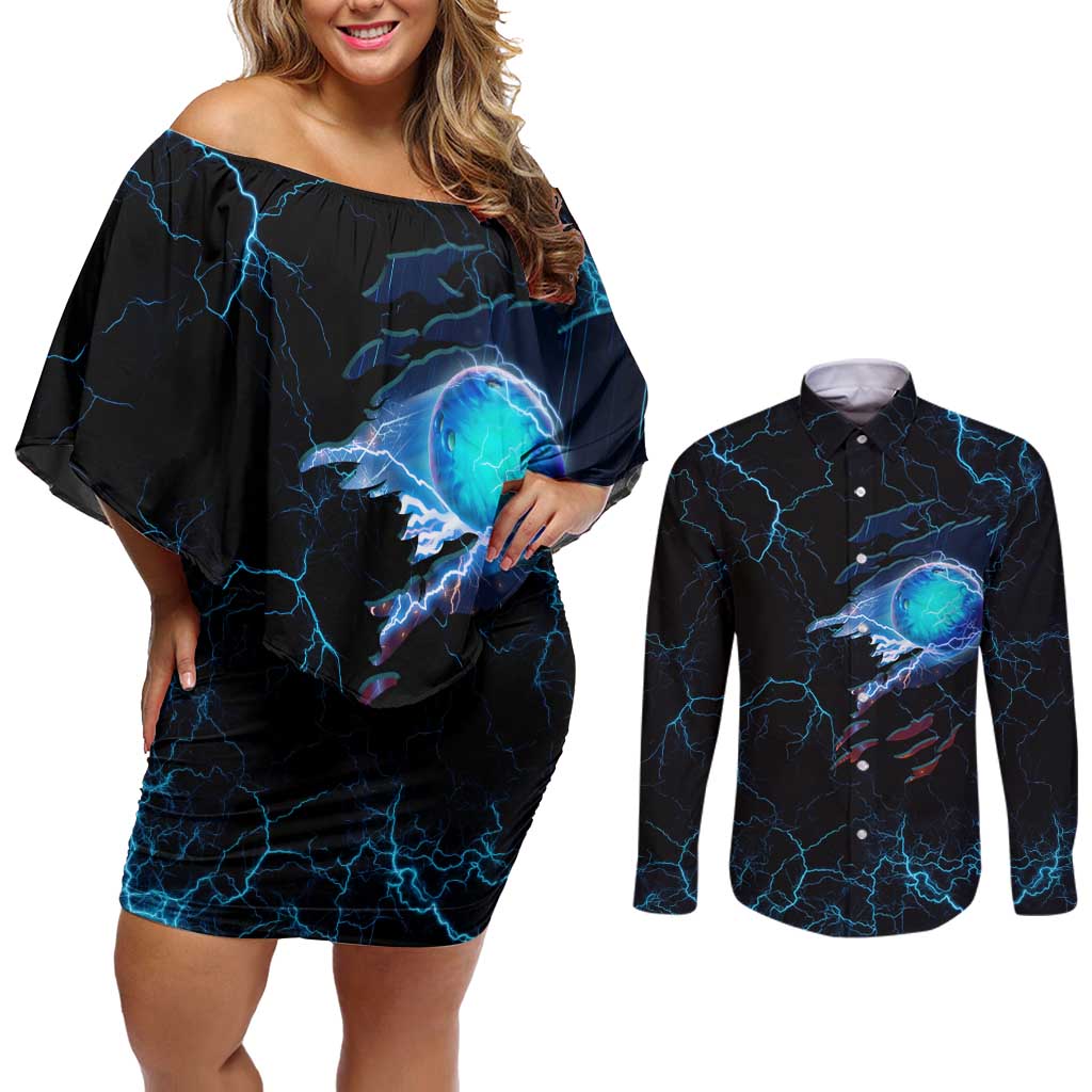Lightning Bowling Couples Matching Off Shoulder Short Dress and Long Sleeve Button Shirt Electric Blue Ball and American Eagle Graphic on Stormy Black Background - Wonder Print Shop