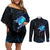 Lightning Bowling Couples Matching Off Shoulder Short Dress and Long Sleeve Button Shirt Electric Blue Ball and American Eagle Graphic on Stormy Black Background - Wonder Print Shop