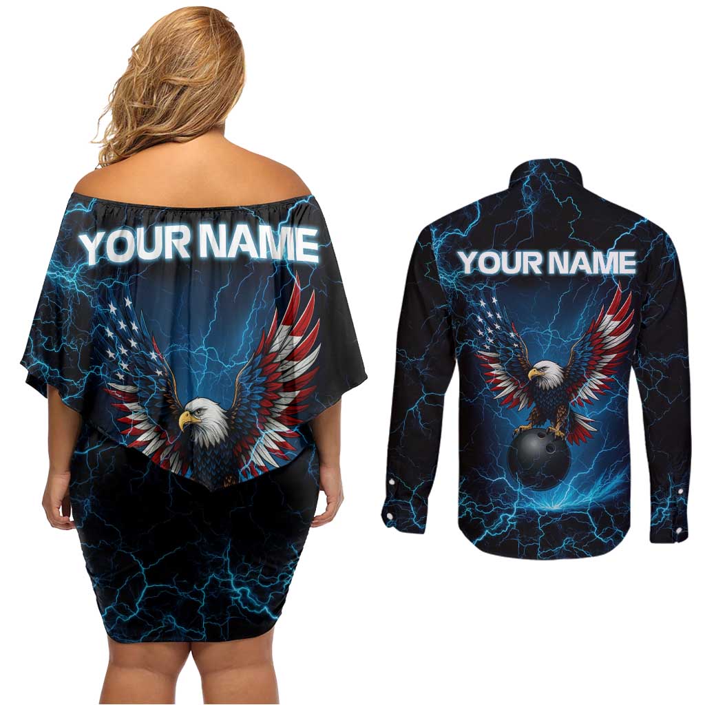 Lightning Bowling Couples Matching Off Shoulder Short Dress and Long Sleeve Button Shirt Electric Blue Ball and American Eagle Graphic on Stormy Black Background - Wonder Print Shop