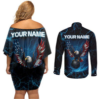 Lightning Bowling Couples Matching Off Shoulder Short Dress and Long Sleeve Button Shirt Electric Blue Ball and American Eagle Graphic on Stormy Black Background - Wonder Print Shop