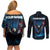 Lightning Bowling Couples Matching Off Shoulder Short Dress and Long Sleeve Button Shirt Electric Blue Ball and American Eagle Graphic on Stormy Black Background - Wonder Print Shop