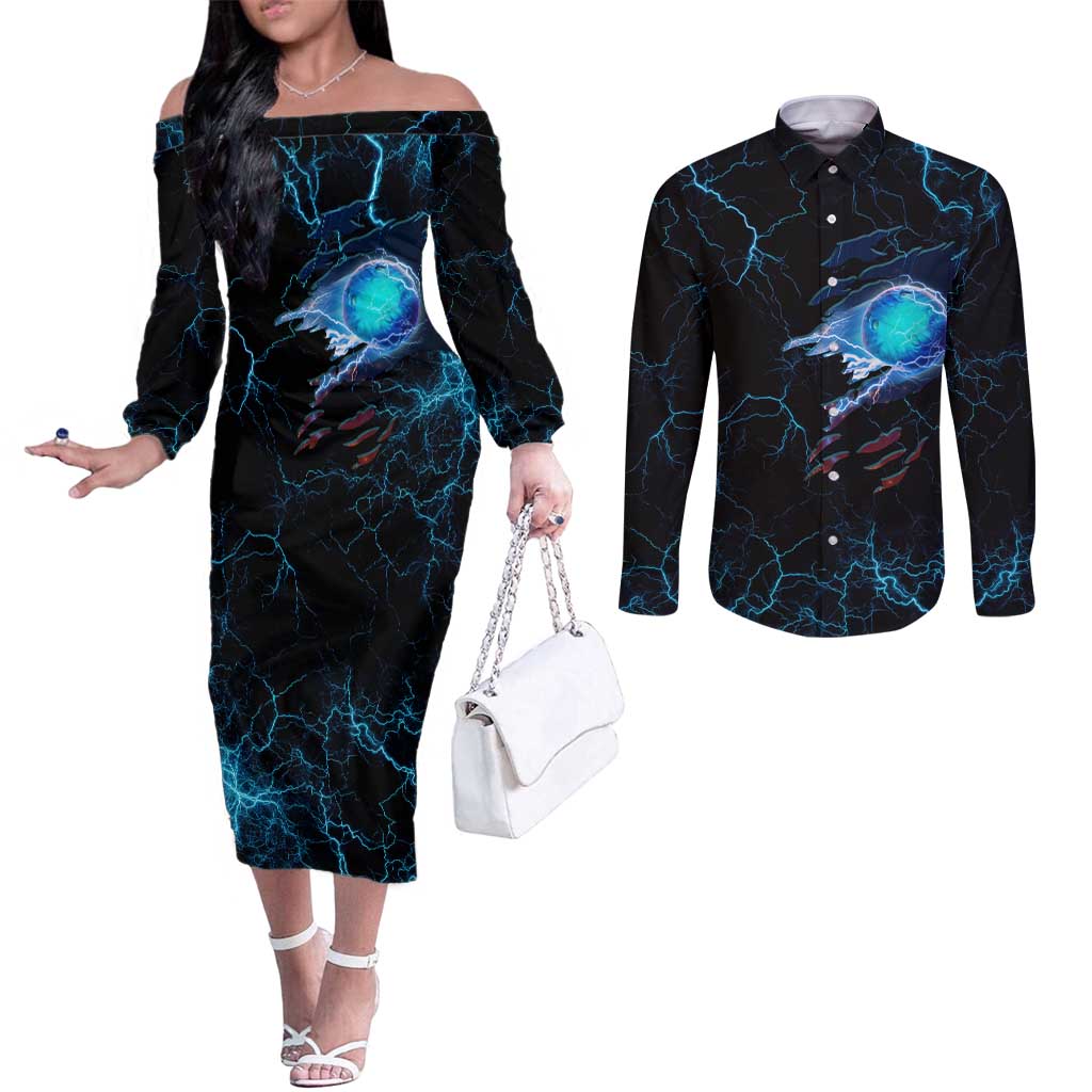 Lightning Bowling Couples Matching Off The Shoulder Long Sleeve Dress and Long Sleeve Button Shirt Electric Blue Ball and American Eagle Graphic on Stormy Black Background - Wonder Print Shop