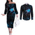 Lightning Bowling Couples Matching Off The Shoulder Long Sleeve Dress and Long Sleeve Button Shirt Electric Blue Ball and American Eagle Graphic on Stormy Black Background - Wonder Print Shop