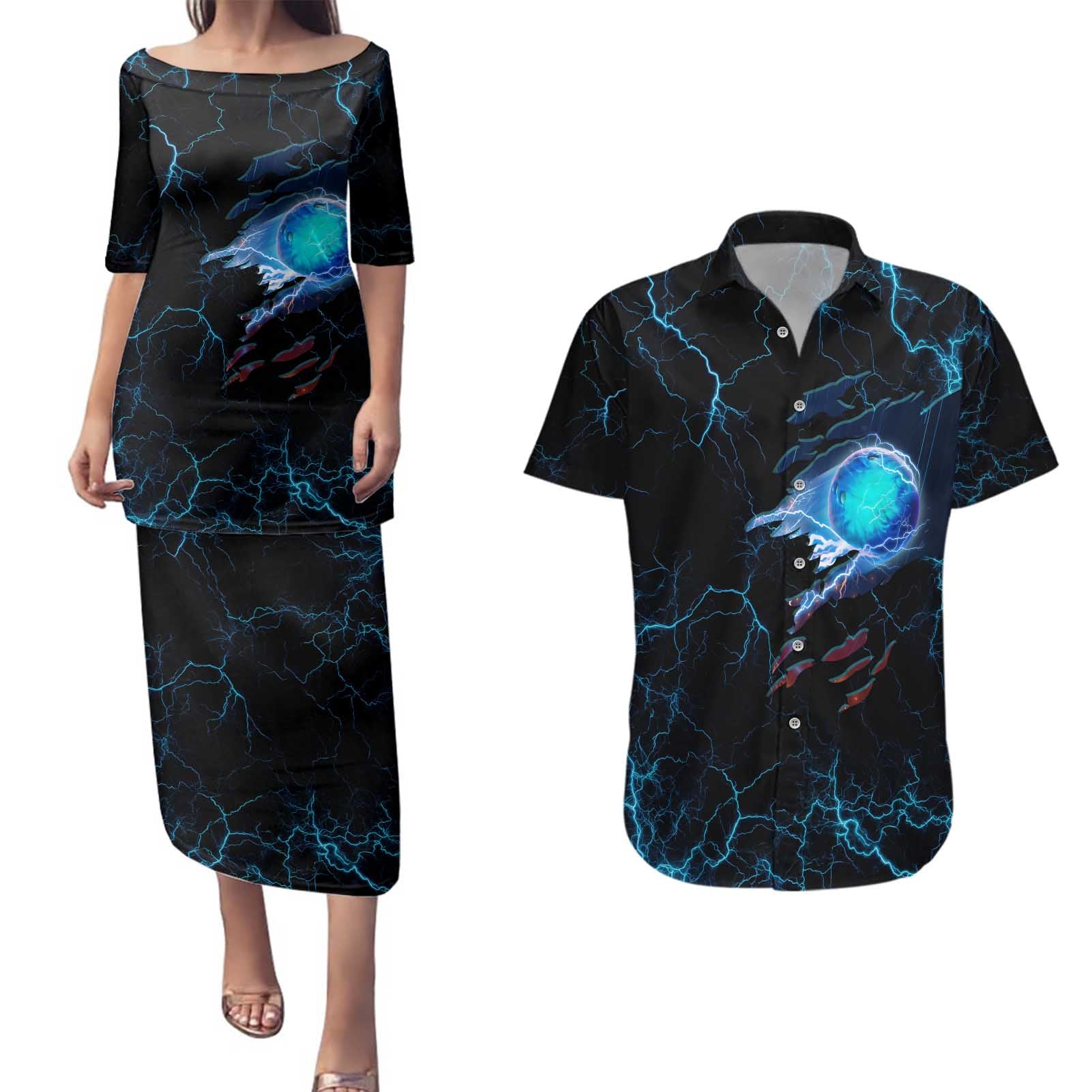 Lightning Bowling Couples Matching Puletasi and Hawaiian Shirt Electric Blue Ball and American Eagle Graphic on Stormy Black Background - Wonder Print Shop
