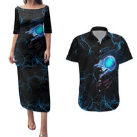 Lightning Bowling Couples Matching Puletasi and Hawaiian Shirt Electric Blue Ball and American Eagle Graphic on Stormy Black Background - Wonder Print Shop