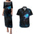 Lightning Bowling Couples Matching Puletasi and Hawaiian Shirt Electric Blue Ball and American Eagle Graphic on Stormy Black Background - Wonder Print Shop