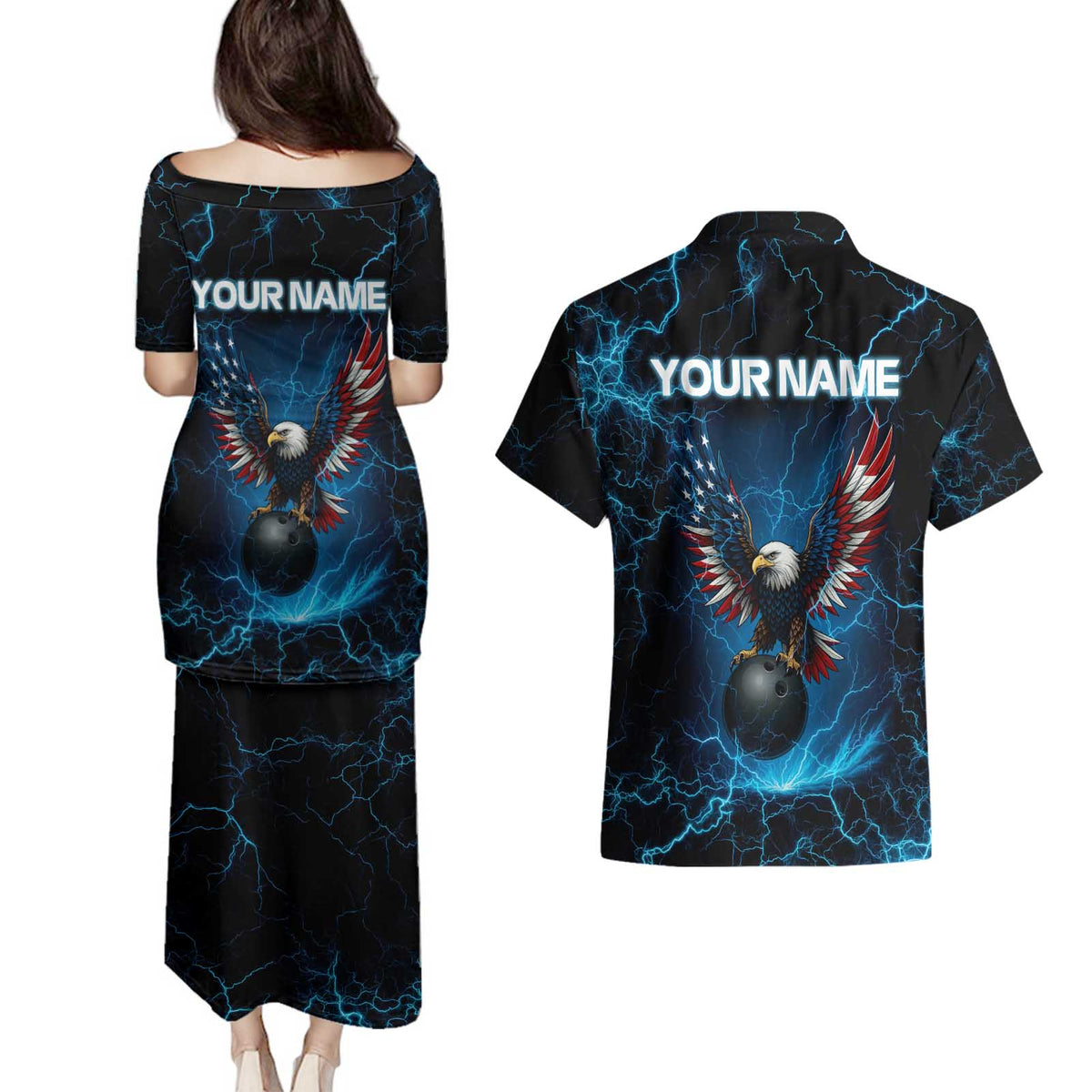 Lightning Bowling Couples Matching Puletasi and Hawaiian Shirt Electric Blue Ball and American Eagle Graphic on Stormy Black Background - Wonder Print Shop
