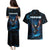 Lightning Bowling Couples Matching Puletasi and Hawaiian Shirt Electric Blue Ball and American Eagle Graphic on Stormy Black Background - Wonder Print Shop