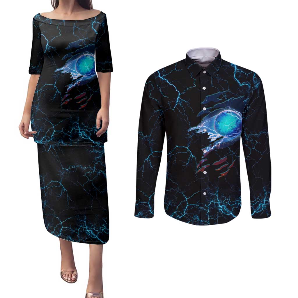 Lightning Bowling Couples Matching Puletasi and Long Sleeve Button Shirt Electric Blue Ball and American Eagle Graphic on Stormy Black Background - Wonder Print Shop