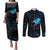 Lightning Bowling Couples Matching Puletasi and Long Sleeve Button Shirt Electric Blue Ball and American Eagle Graphic on Stormy Black Background - Wonder Print Shop