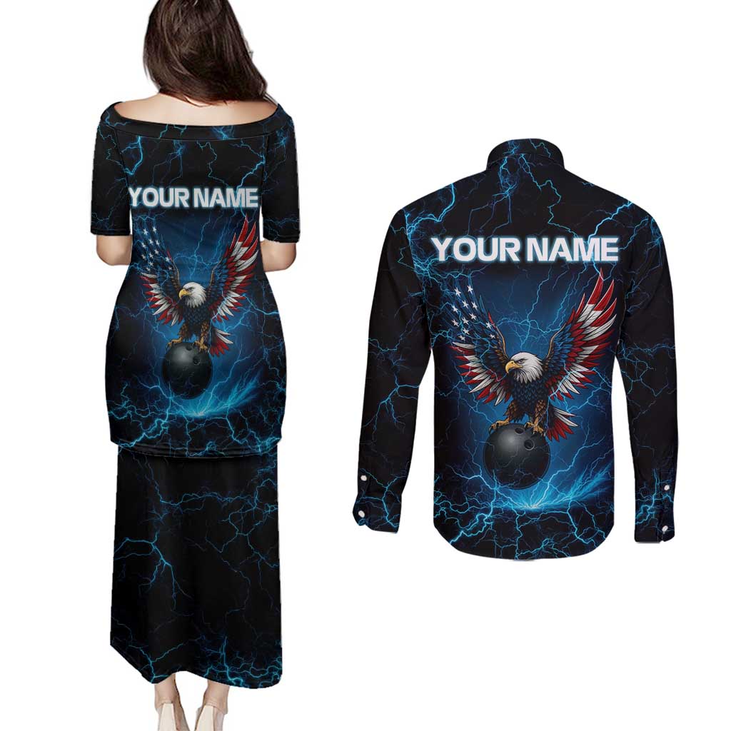 Lightning Bowling Couples Matching Puletasi and Long Sleeve Button Shirt Electric Blue Ball and American Eagle Graphic on Stormy Black Background - Wonder Print Shop