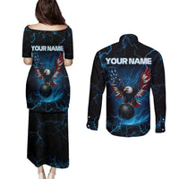 Lightning Bowling Couples Matching Puletasi and Long Sleeve Button Shirt Electric Blue Ball and American Eagle Graphic on Stormy Black Background - Wonder Print Shop