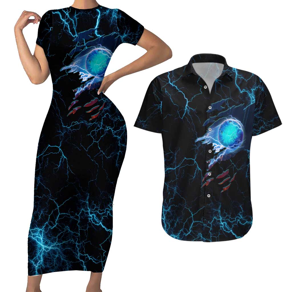 Lightning Bowling Couples Matching Short Sleeve Bodycon Dress and Hawaiian Shirt Electric Blue Ball and American Eagle Graphic on Stormy Black Background - Wonder Print Shop