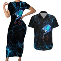 Lightning Bowling Couples Matching Short Sleeve Bodycon Dress and Hawaiian Shirt Electric Blue Ball and American Eagle Graphic on Stormy Black Background - Wonder Print Shop