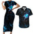Lightning Bowling Couples Matching Short Sleeve Bodycon Dress and Hawaiian Shirt Electric Blue Ball and American Eagle Graphic on Stormy Black Background - Wonder Print Shop