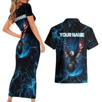 Lightning Bowling Couples Matching Short Sleeve Bodycon Dress and Hawaiian Shirt Electric Blue Ball and American Eagle Graphic on Stormy Black Background - Wonder Print Shop