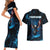 Lightning Bowling Couples Matching Short Sleeve Bodycon Dress and Hawaiian Shirt Electric Blue Ball and American Eagle Graphic on Stormy Black Background - Wonder Print Shop