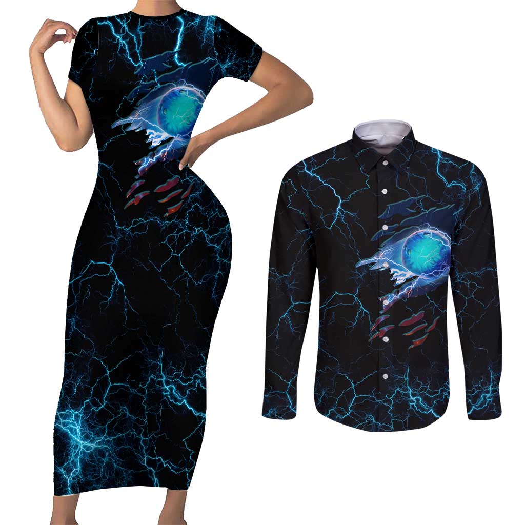 Lightning Bowling Couples Matching Short Sleeve Bodycon Dress and Long Sleeve Button Shirt Electric Blue Ball and American Eagle Graphic on Stormy Black Background - Wonder Print Shop