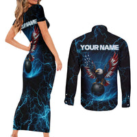 Lightning Bowling Couples Matching Short Sleeve Bodycon Dress and Long Sleeve Button Shirt Electric Blue Ball and American Eagle Graphic on Stormy Black Background - Wonder Print Shop