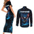 Lightning Bowling Couples Matching Short Sleeve Bodycon Dress and Long Sleeve Button Shirt Electric Blue Ball and American Eagle Graphic on Stormy Black Background - Wonder Print Shop