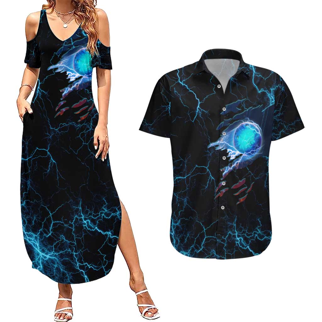 Lightning Bowling Couples Matching Summer Maxi Dress and Hawaiian Shirt Electric Blue Ball and American Eagle Graphic on Stormy Black Background - Wonder Print Shop